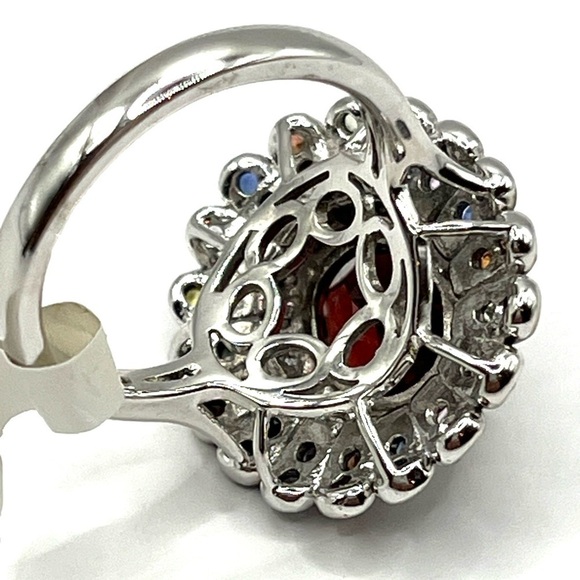 Cocktail Ring Faceted Red Quartz Multi Gemstone Flower Ring Signed FP Sz 6 VTG - Picture 11 of 14